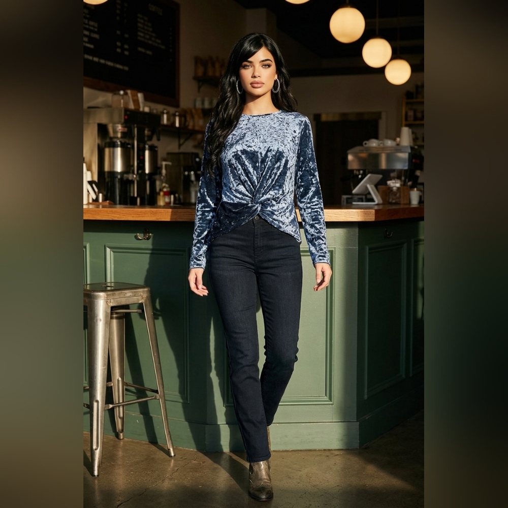 Pleione Crushed Velvet Long Sleeve Twist Front Top Blue Gray Small Boho Chic